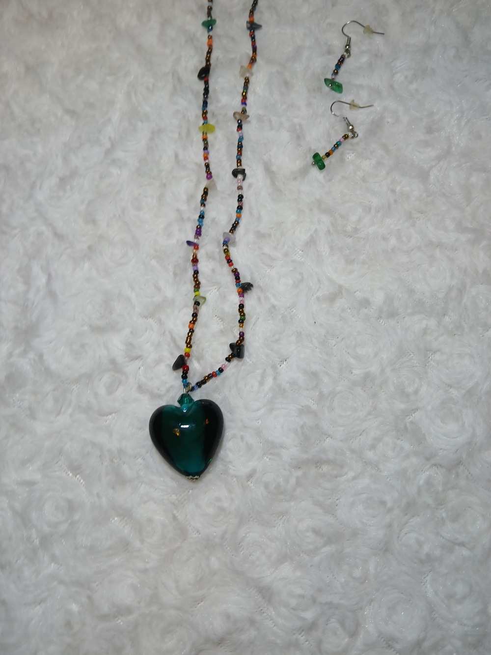 Handmade Green Heart Pendant Beaded Necklace with Matching Earrings